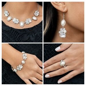 Paparazzi Jewelry Set White Pearl And Rhinestone Necklace Earrings Bracelet Ring